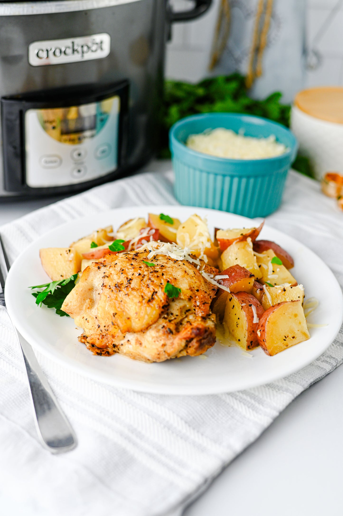 Slow Cooker Garlic Parmesan Chicken and Potatoes Set #1